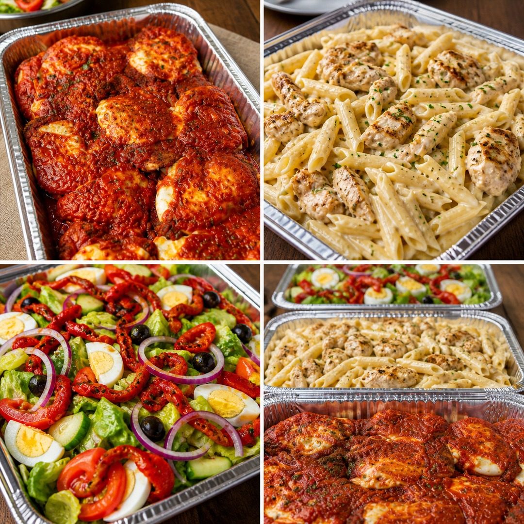 A four-panel collage of Sciarrino's catering trays — chicken parm, chicken penne, garden salad, and a full spread